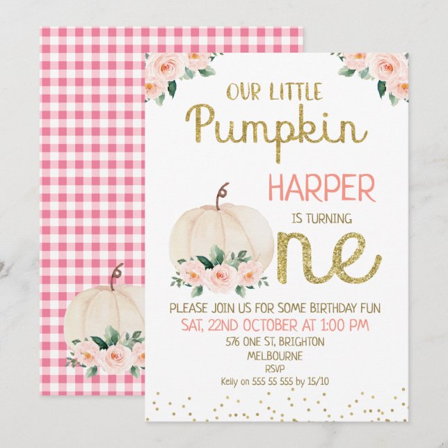 Invitation Parties scintillant Calligraphie Citrouille 1er an (Devant / Derrière)