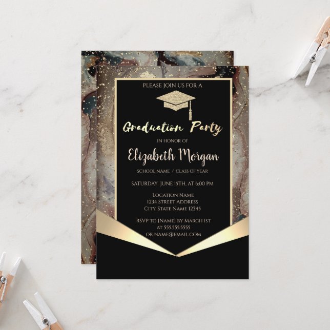 Invitation Parties scintillant Casquette, Confetti Brown Marb (Devant/Arrière en situation)