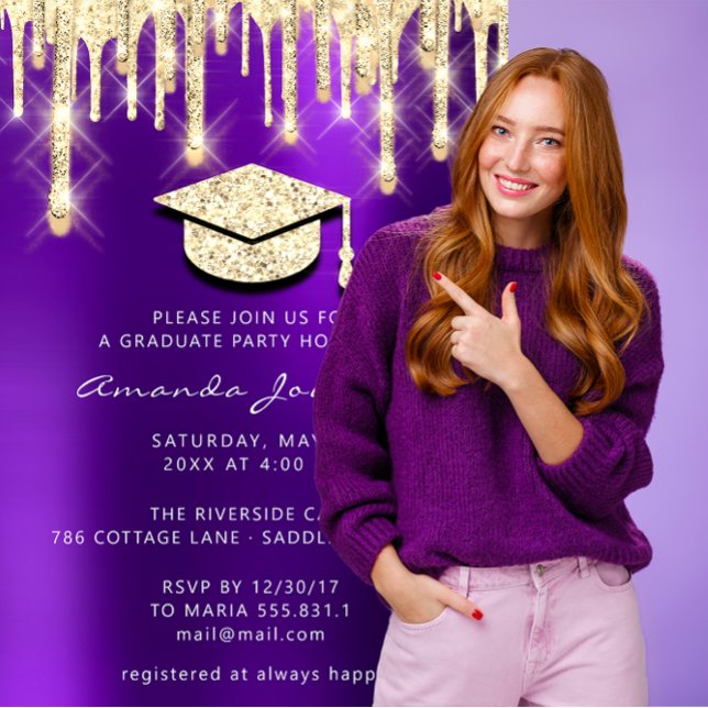 Invitation Parties scintillant Casquette doré de gouttes d'or (Graduate Drips Gold Cap Glitter Glam Purple 3D Invitation)