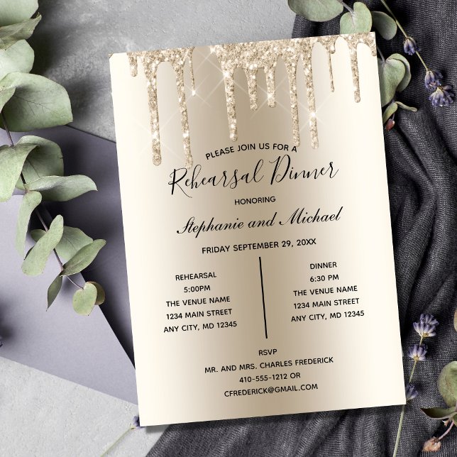 Invitation Parties scintillant Champagne Dîner de répétition  (Champagne Gold Dripping Glitter Wedding Rehearsal Dinner Invitation)