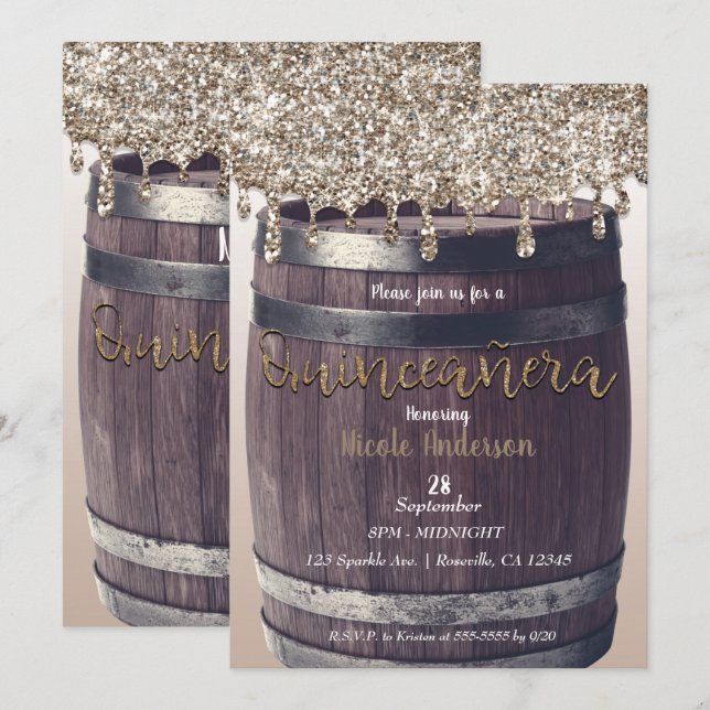 Invitation Parties scintillant Champagne Gold Drip Rustic Qui (Devant / Derrière)