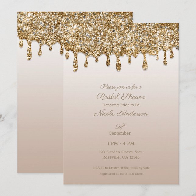 Invitation Parties scintillant Champagne  or Fête des mariées (Devant / Derrière)