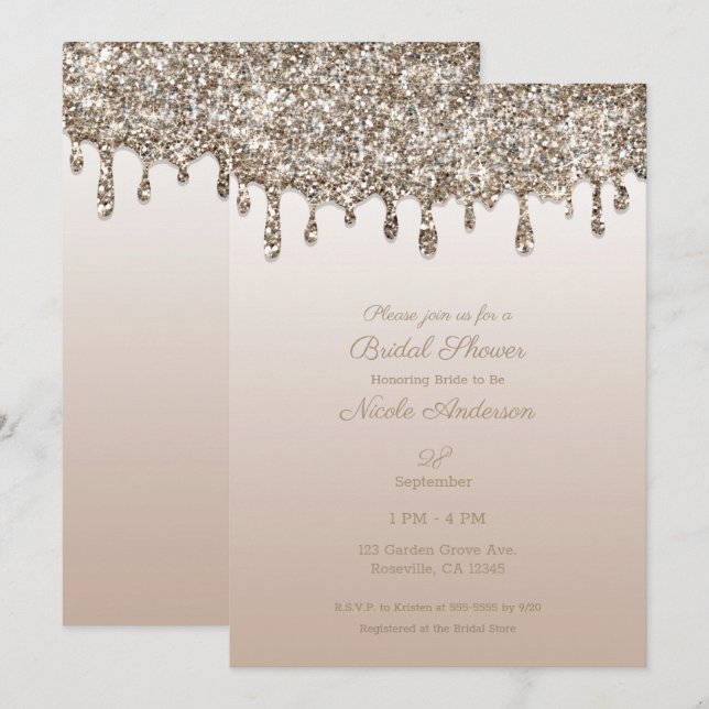 Invitation Parties scintillant Champagne  or Fête des mariées (Devant / Derrière)