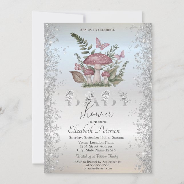 Invitation Parties scintillant Champignons Papillons Baby sho (Devant)
