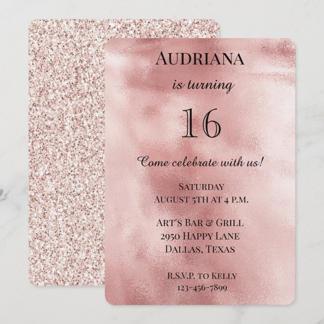 Invitation Parties scintillant Chic Blush Rose Glam Anniversa (Devant / Derrière)