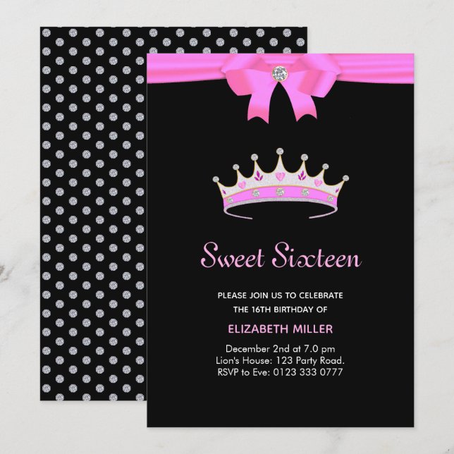 Invitation Parties scintillant chic Diamond Crown Sweet sixte (Devant / Derrière)
