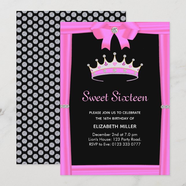 Invitation Parties scintillant chic Sweet sixteen de couronne (Devant / Derrière)