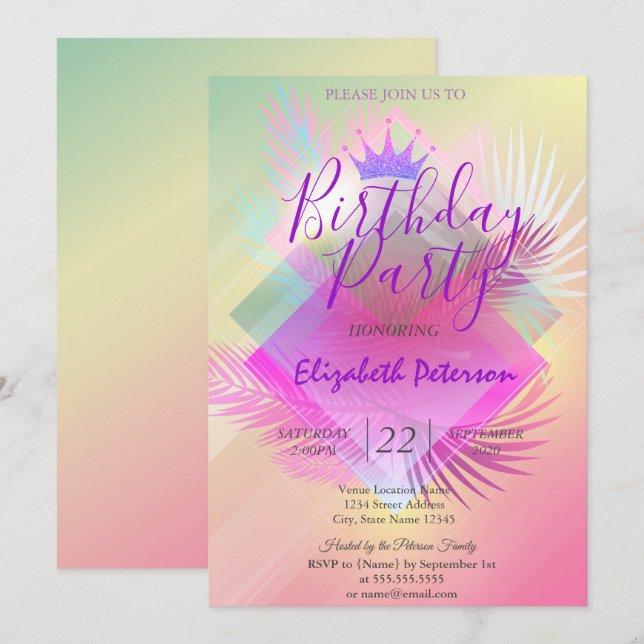 Invitation Parties scintillant chic Tiara Palm Feuilles fête  (Devant / Derrière)