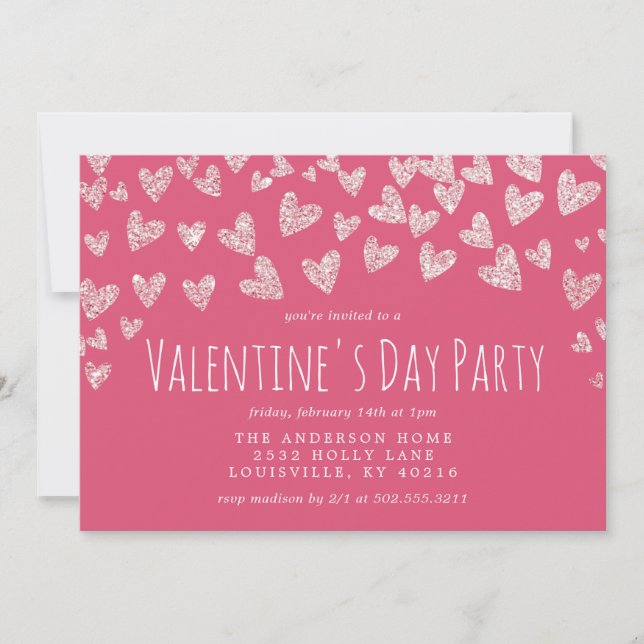 Invitation Parties scintillant Coeurs rose Saint Valentin fêt (Devant)
