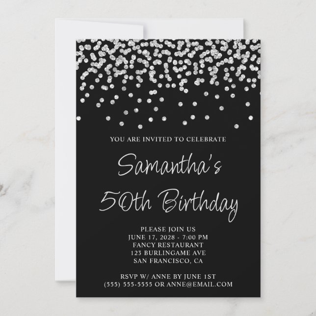 Invitation Parties scintillant Confetti Argent Noir 50e anniv (Devant)