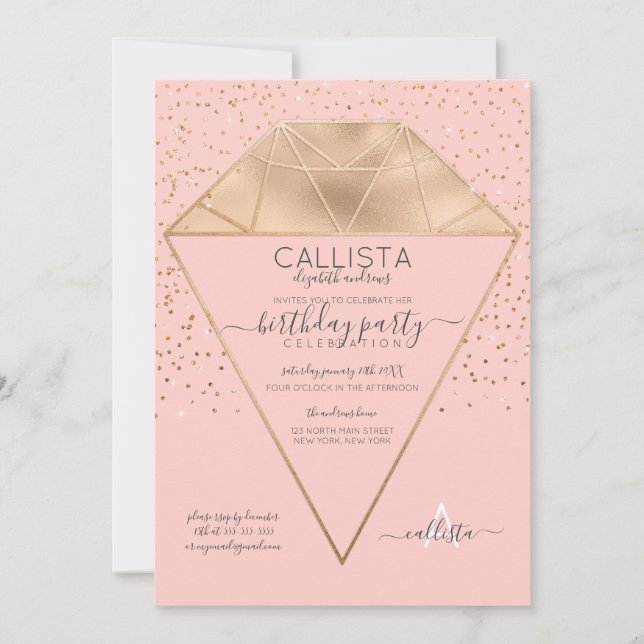 Invitation Parties scintillant Confetti Diamant Rose Or Anniv (Devant)