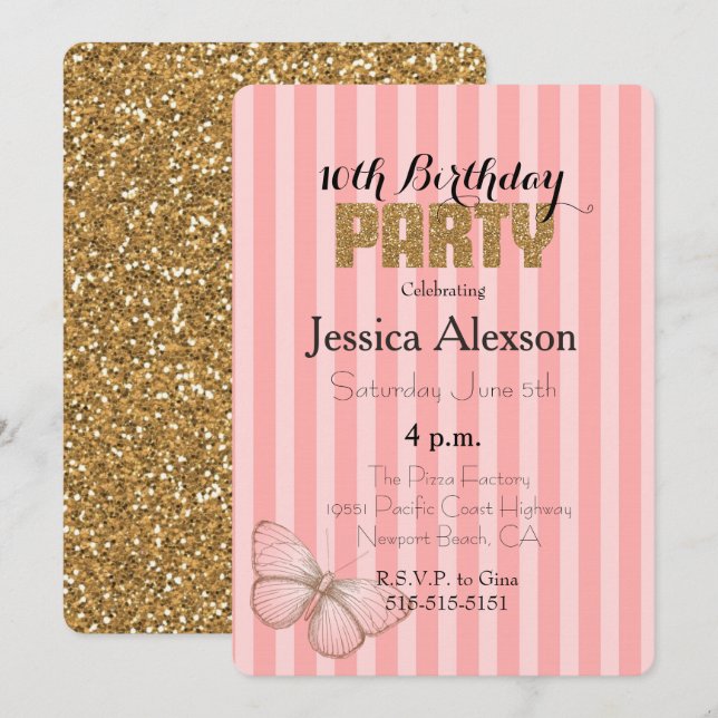 Invitation Parties scintillant Confetti en or rose vif 16e an (Devant / Derrière)