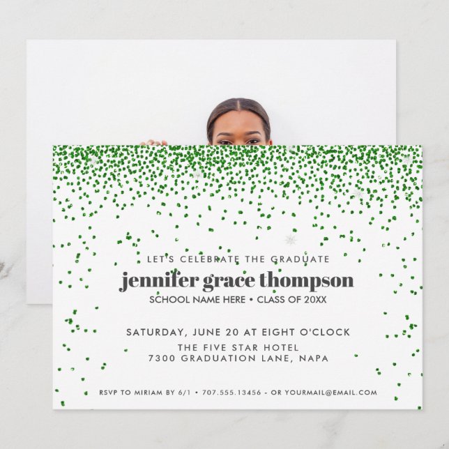 Invitation Parties scintillant Confetti Vert Blanc Photo Grad (Devant / Derrière)