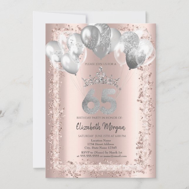 Invitation Parties scintillant, Couronne d'argent, Ballons 65 (Devant)