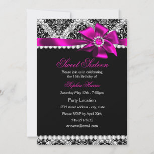 Invitation Parties scintillant Damas & Pink Jewel Bow Sweet 1