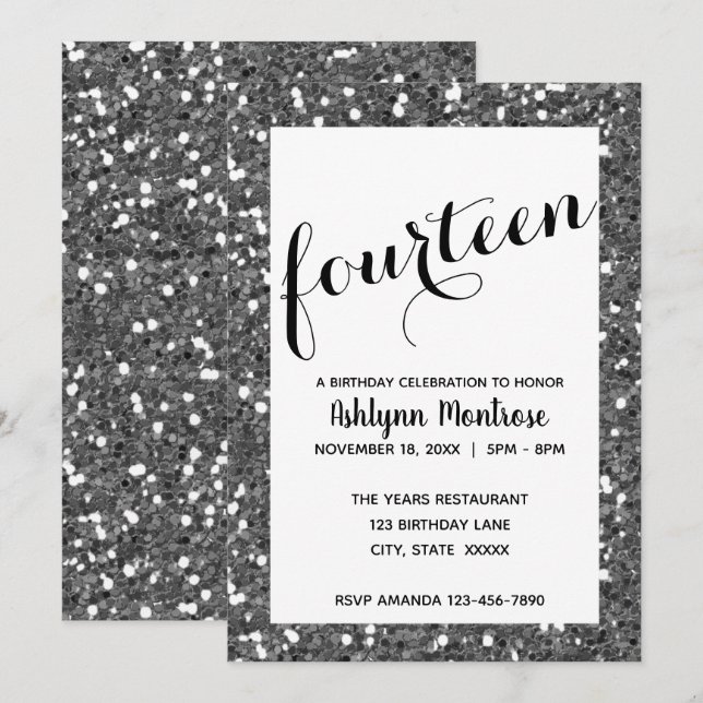Invitation Parties scintillant d'argent 14e anniversaire (Devant / Derrière)