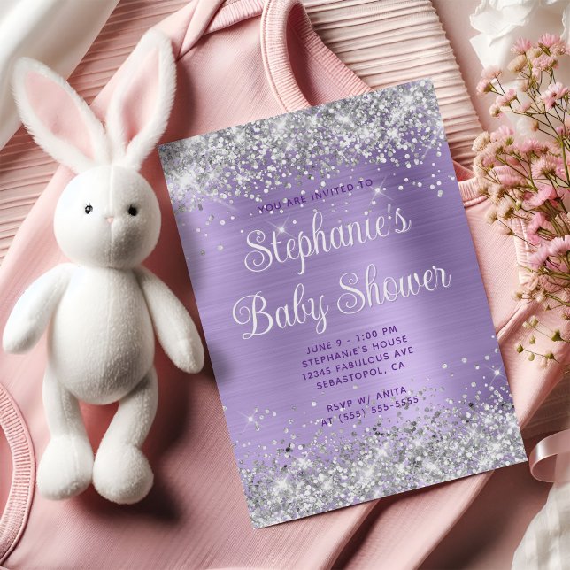 Invitation Parties scintillant d'argent Baby shower violet pâ (Silver Glitter Pale Purple Baby Shower Invitation)