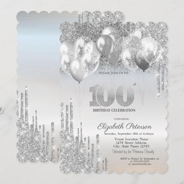 Invitation Parties scintillant d'argent Ballons 100e annivers (Devant / Derrière)