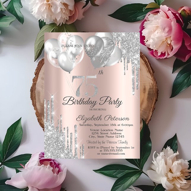 Invitation Parties scintillant d'argent Ballons 75e anniversa (Créateur téléchargé)