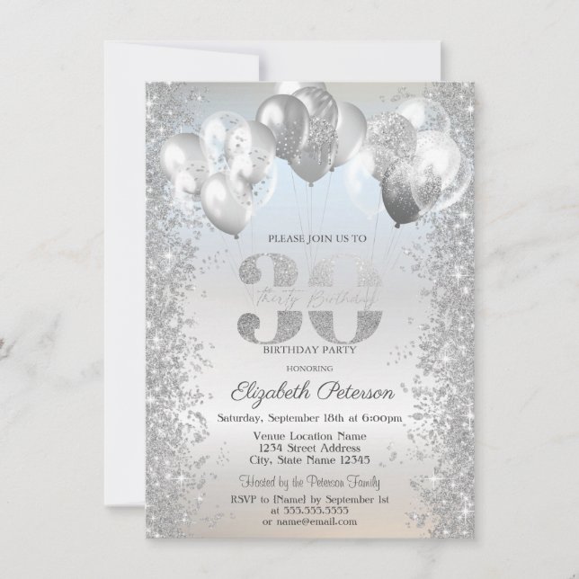 Invitation Parties scintillant d'argent Balloons Confetti 30e (Devant)