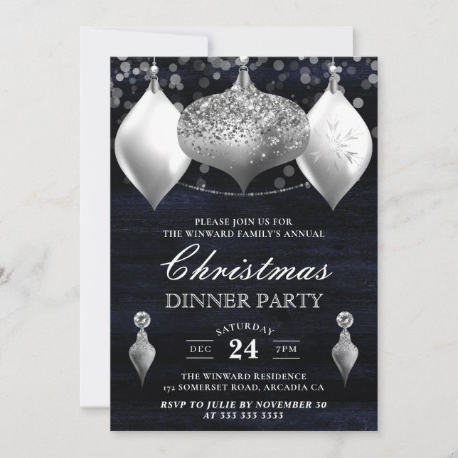 Invitation Parties scintillant d'argent Baubles d'hiver Dîner (Devant)