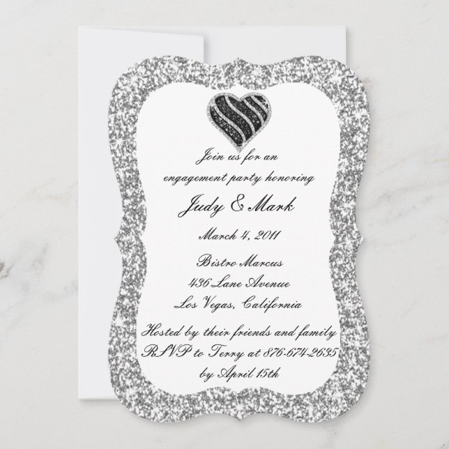 Invitation Parties scintillant d'argent Black Heart Engagemen (Devant)