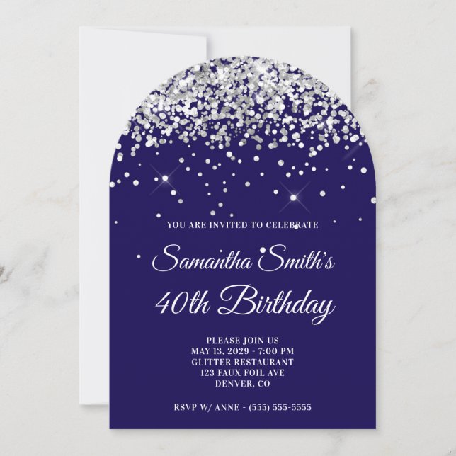 Invitation Parties scintillant d'argent bleu foncé Photo 40e  (Devant)
