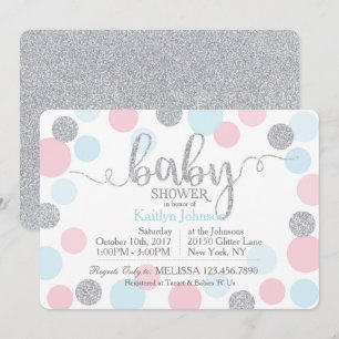 Invitation Parties scintillant d'argent bleu rose  points Bab
