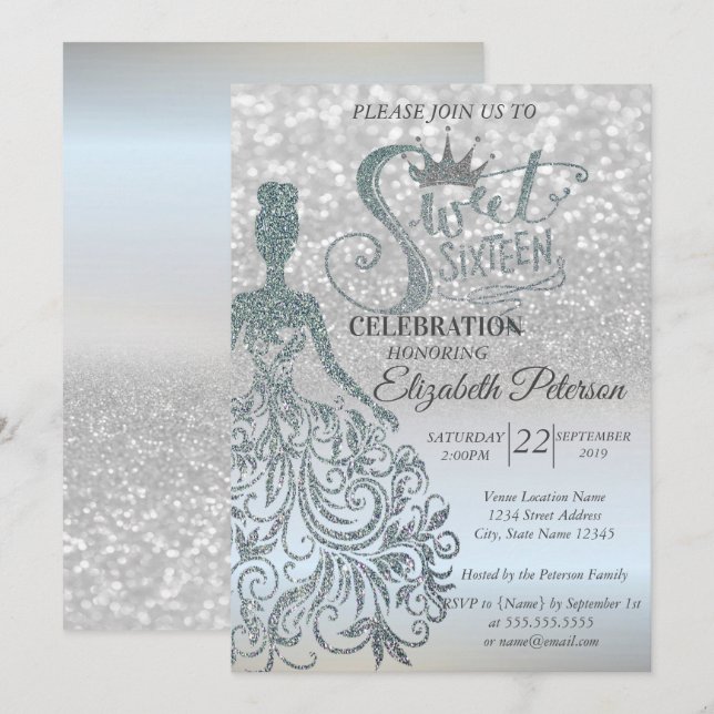 Invitation Parties scintillant d'argent Bokeh Ombre, robe,Tia (Devant / Derrière)