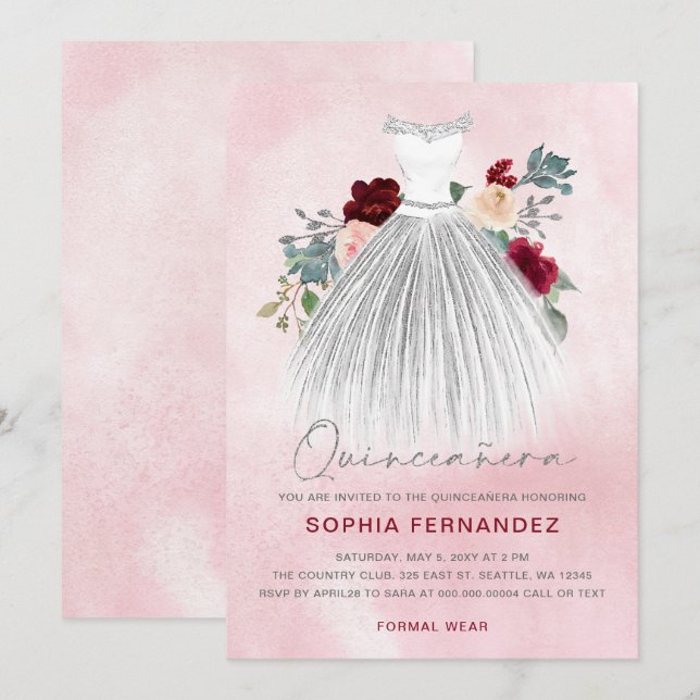 Invitation Parties scintillant d'argent Bourgogne Robe Floral (Devant / Derrière)
