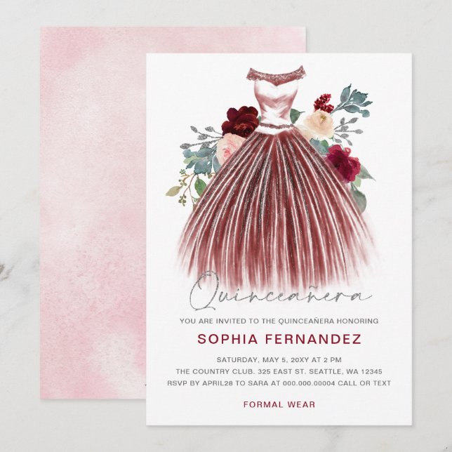 Invitation Parties scintillant d'argent Bourgogne Robe Floral (Devant / Derrière)