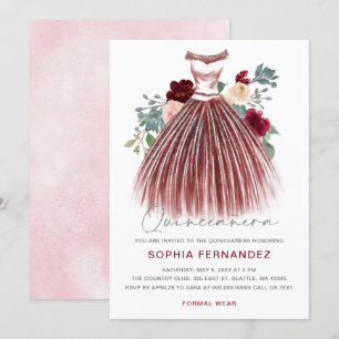 Invitation Parties scintillant d'argent Bourgogne Robe Floral