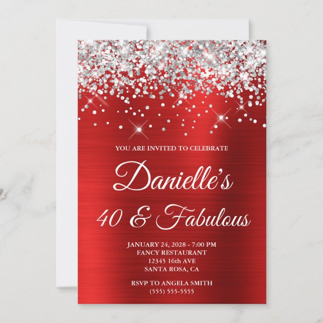 Invitation Parties scintillant d'argent Bright Red Foil 40 et (Devant)