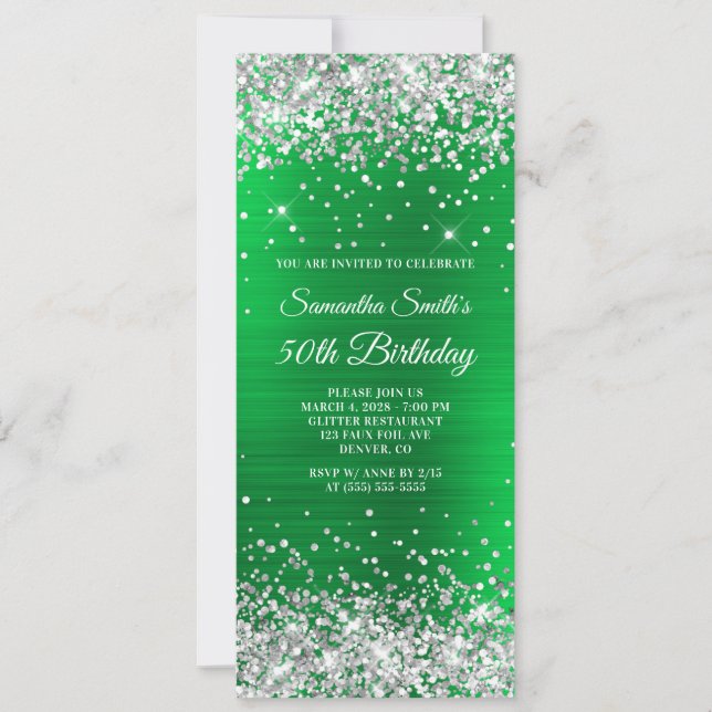 Invitation Parties scintillant d'argent brillant vert huile 5 (Devant)