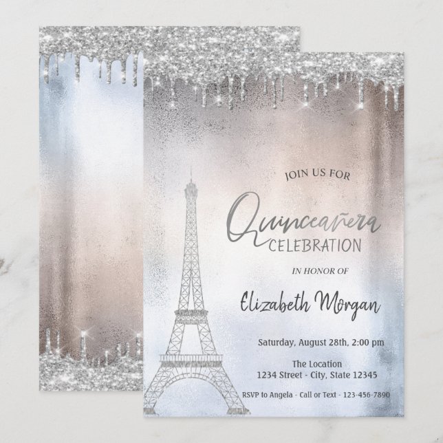Invitation Parties scintillant d'argent chute tour Eiffel Qui (Devant / Derrière)