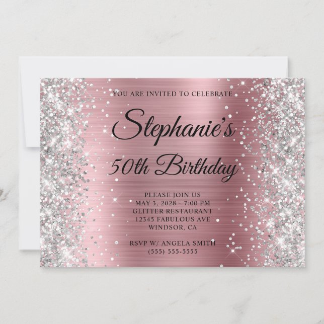 Invitation Parties scintillant d'argent clair rose Monogramme (Devant)