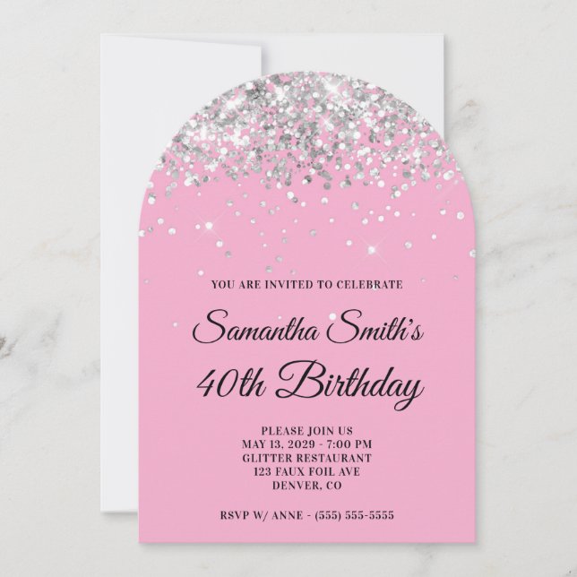 Invitation Parties scintillant d'argent clair rose photo 40e  (Devant)