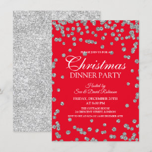 Invitation Parties scintillant d'argent Confetti Noël rouge