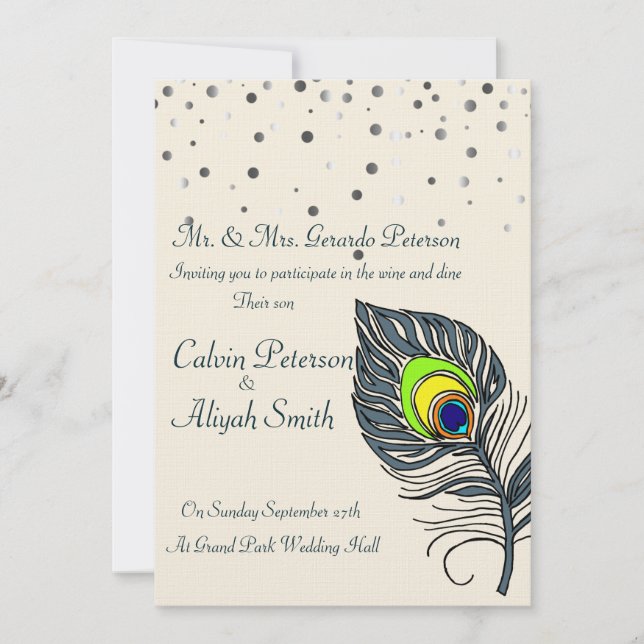 Invitation Parties scintillant d'argent Confetti Peacock Feat (Devant)