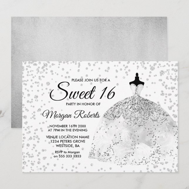 Invitation Parties scintillant d'argent Confetti Robe douce 1 (Devant / Derrière)