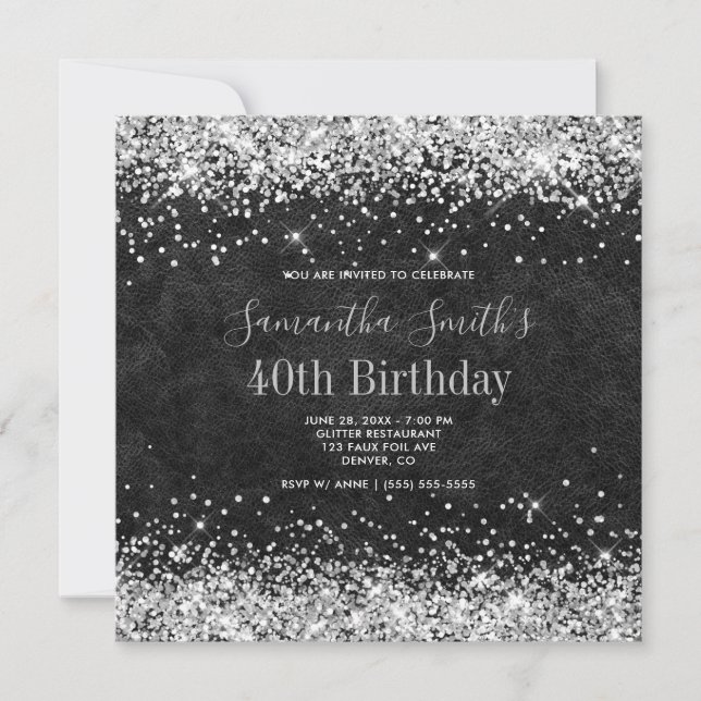 Invitation Parties scintillant d'argent Cuir noir 40e anniver (Devant)