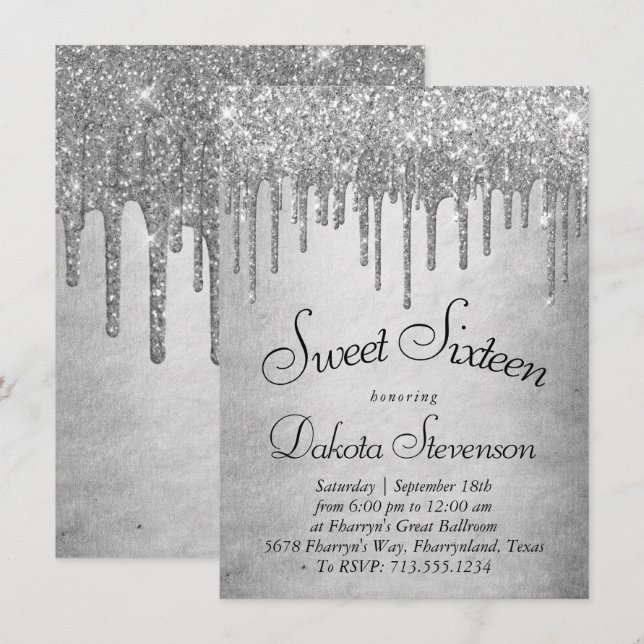 Invitation Parties scintillant d'argent de dépôt | Sweet sixt (Devant / Derrière)