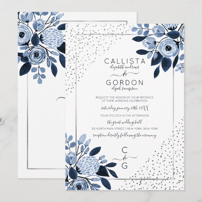 Invitation Parties scintillant d'argent de la marine Confetti (Devant / Derrière)