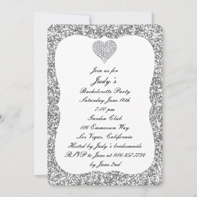 Invitation Parties scintillant d'argent Diamond Heart Bachelo (Devant)