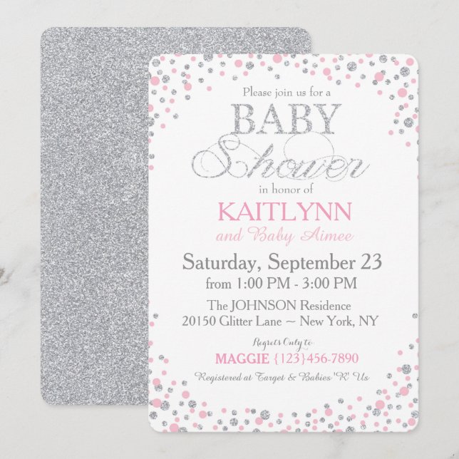 Invitation Parties scintillant d'argent et Baby shower d'arro (Devant / Derrière)