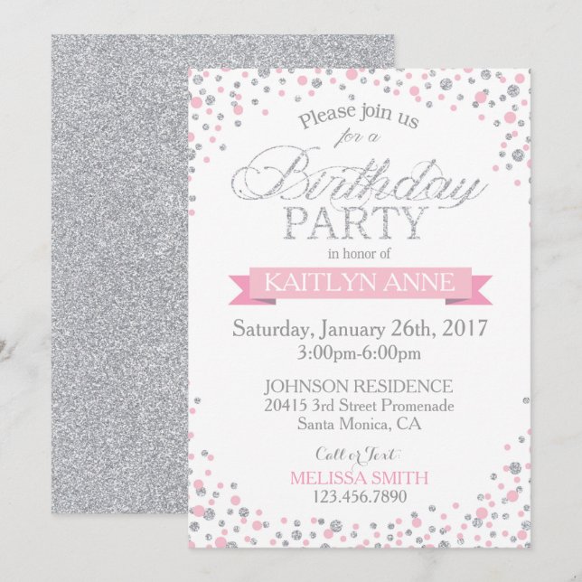 Invitation Parties scintillant d'argent étincelante et saupou (Devant / Derrière)