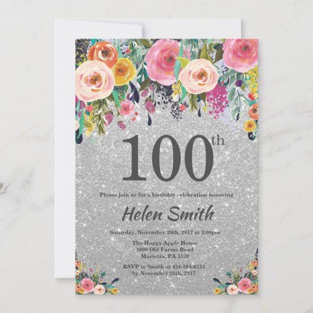 Invitation Parties scintillant d'argent Floral 100e anniversa (Devant)