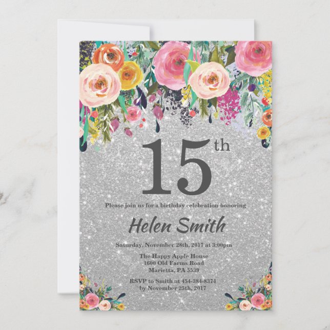 Invitation Parties scintillant d'argent Floral 15e anniversai (Devant)