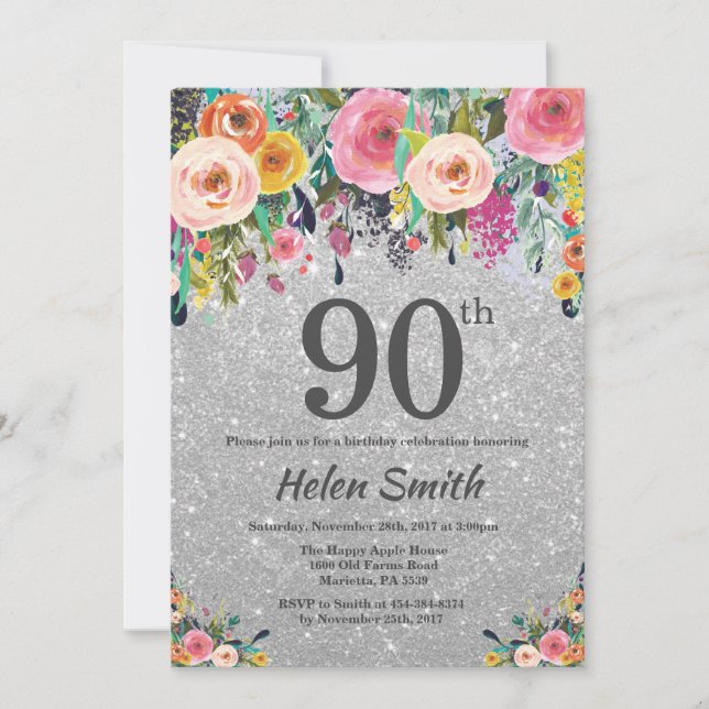 Invitation Parties scintillant d'argent Floral 90e anniversai (Devant)