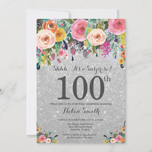 Invitation Parties scintillant d'argent Floral Surprise 100e  (Devant)
